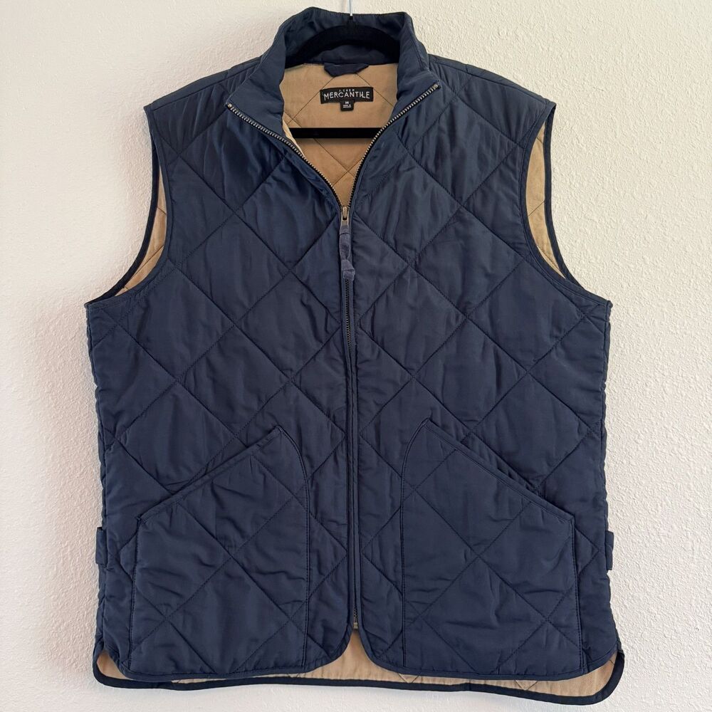 J Crew Mercantile Mens Medium Quilted Vest Navy Zip Layering Outdoor GORP